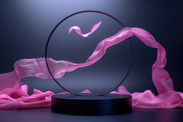Product display podium with flying silk background.