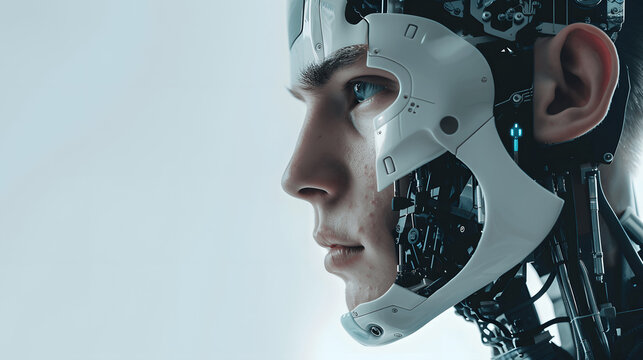 Closeup Face Half Robot Half Human with White Grey Background