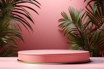 Obraz premium Product display podium with pink floral background.