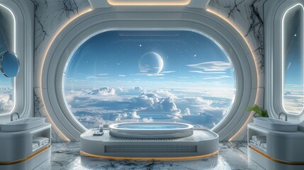 Futuristic luxury bathroom interior design onboard a space station in orbit with view of earth