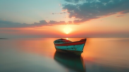 A traditional Brazilian fishing boat against a serene sunset.