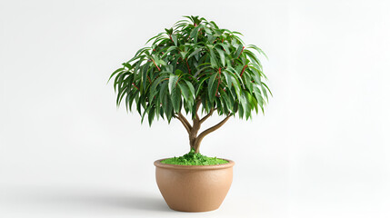 White shelf on an empty wall with bonsai,Indoor plant in a white pot on the floor against a white wall
