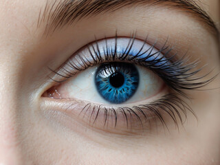 Obraz premium A detailed image showcasing a striking blue eye with lengthy eyelashes set against a crisp white backdrop captures the beauty of the human body iris in shades of azure design.