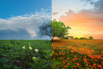 Contrasting weather split in dual flowers and green grass landscape