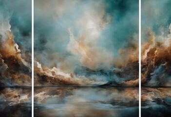 created acrylic triptych decorating smudging Suitable interior watercolor abstract walls artwork techniques Three-panel abstract blotting - obrazy, fototapety, plakaty