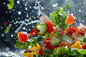 vibrant salad ingredients splashing in air fresh vegetables toss dynamic food action shot
