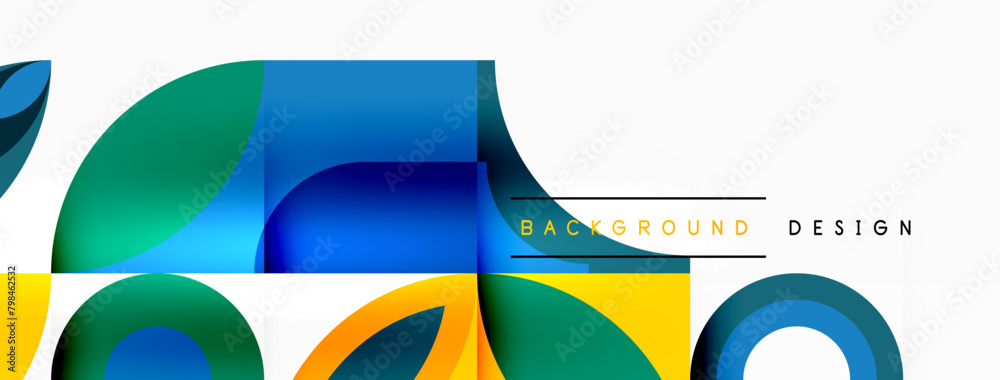 Poster a vibrant abstract design featuring circles and squares in tints and shades of electric blue on a wh