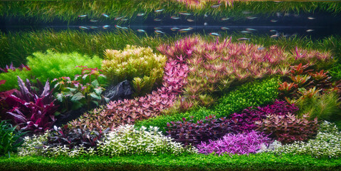 Colorful planted aquarium tank. Aquatic plants tank. Dutch inspired aquascaping with colorful...