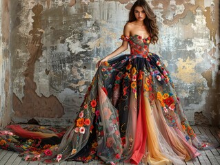 Fototapeta premium Young women dancing long skirts by the wall
