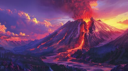 Dramatic volcanic eruption at Mount Fuji with bright red lava flowing down mountainside