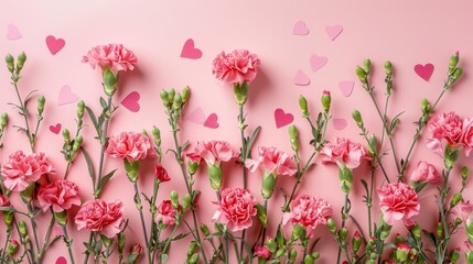 An enchanting Mother s Day gift suggestion Imagine a delightful display of carnation flowers and heart shaped notes set against a soft pastel pink backdrop