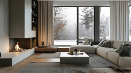 A modern minimalist apartment with a stylish corner fireplace that adds a touch of warmth to the room. 2d flat cartoon.