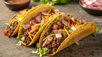 Enjoy delicious ground beef tacos filled with crisp romaine lettuce juicy diced tomatoes zesty radishes and a generous sprinkle of shredded cheddar cheese