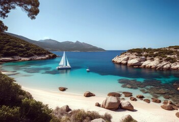'bay beautiful boat island sailing corsica catamaran france yacht beach sailboat scenery scenic sea...