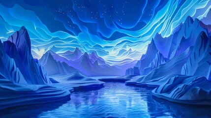 Surreal Blue Mountains and Stars in Paper Art Style
