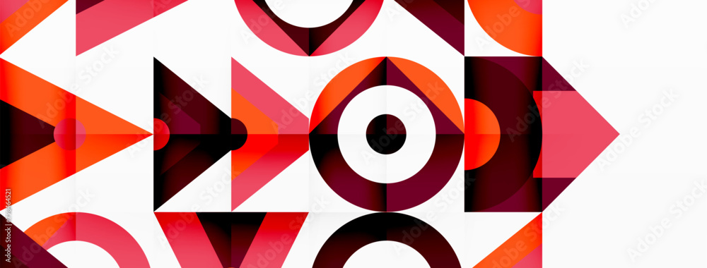Poster The textile design features a geometric pattern with red triangles and squares on a white background, showcasing symmetry and artistry in the arrangement of shapes like rectangles and circles