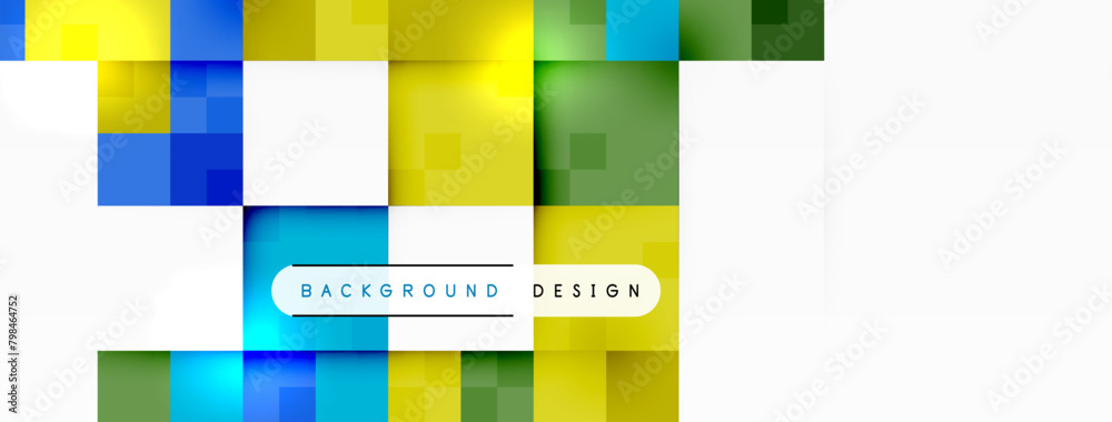 Poster a vibrant electric blue background with rectangles and squares in magenta, creating a symmetrical pa