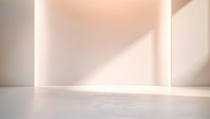 Minimalistic light beige background with a light pink wall, featuring built-in lighting, reflecting the 2024 Peach Fuzz color trend. Made with Generative AI Technology