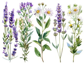 Fototapeta premium Purple flowers and grass, with a white background