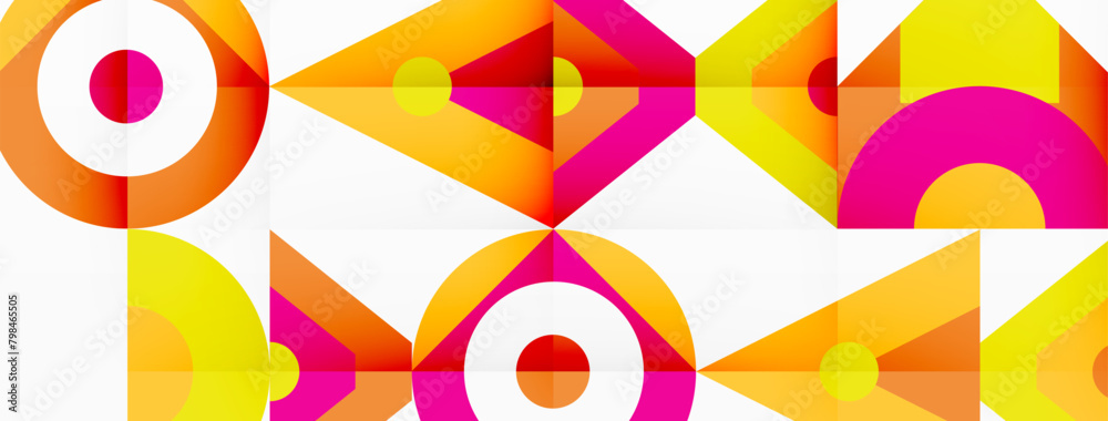 Poster A vibrant geometric pattern featuring circles and triangles in magenta and blue hues, creating a symmetrical composition on a crisp white background