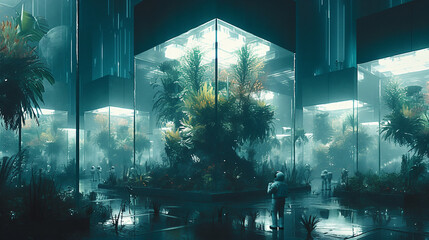 Holographic images of artificial intelligence speakers and astronauts, plants in glass cubes, scenes set in an indoor garden with astronauts standing among small green plants.