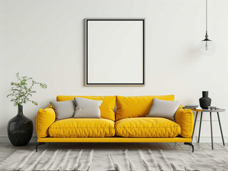 Cozy modern living room yellow sofa with blank white frame ready for art wall