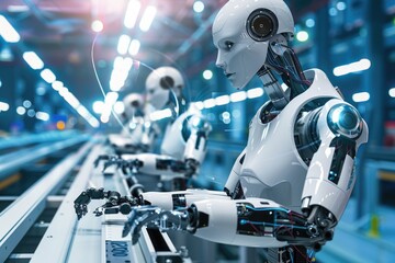 Fototapeta premium Robots working at manufacturing production factory. Futuristic androids. AI Generated 