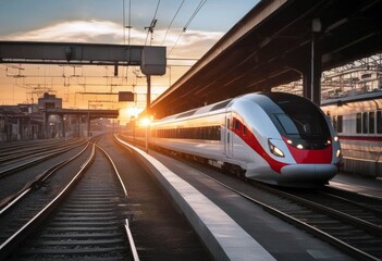 Obraz premium 'speed high motion sunset train station railway modern europe intercity blur platform effect passenger industrial landscape railroad rail'