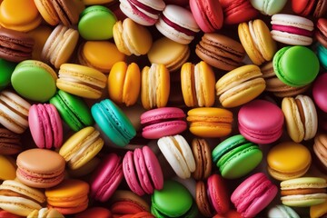 Fototapeta na wymiar 'brightly colored stacked french macarons white macaroon dessert food sweet cake pink colourful isolated biscuit snack cookie delicious assortment green yellow france tasty colours'