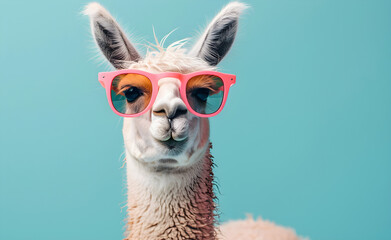 Fototapeta premium Creative animal concept, llama wearing sunglasses, isolated on solid pastel background. Perfect for commercial or editorial advertisement with a surreal and quirky vibe.