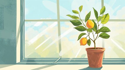 An illustration of a small lemon tree growing in a pot on a sunny windowsill