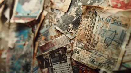 A blurred backdrop of worn concert tickets and faded gig posters evoking a sense of wistfulness for bygone days on the Melodious Memory Lane. .