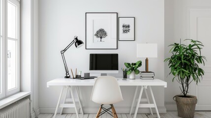 White work desk with monitor screen on minimalist white wall background.