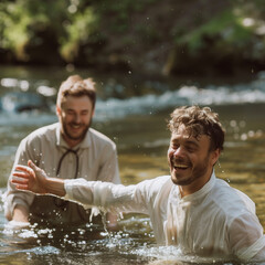 A man being baptized in the waters of a river. The person is happy about the religious rite. Adult person in his 30s - obrazy, fototapety, plakaty