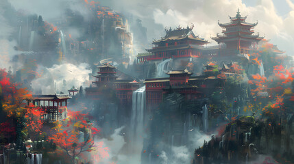 Detailed Chinese style fantasy art depicting mythical dragons and heroic warriors in a vibrant and elegant traditional setting. - obrazy, fototapety, plakaty