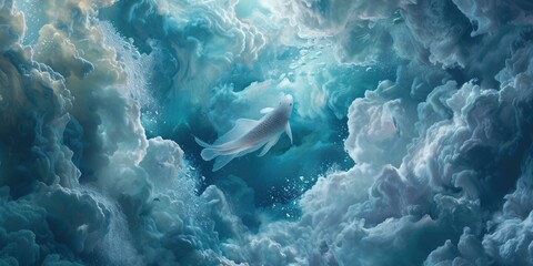 White fish swim in clouds, surrealism, beautiful