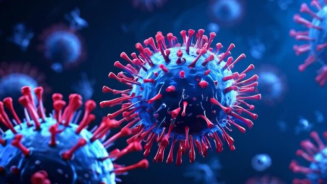 Scientific illustration of a pathogen with red spikes, symbolizing the threat of viruses and the importance of research in virology and immunology
