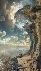 Craft a photorealistic digital artwork depicting a wide-angle view of a personal experience, infusing elements of surrealism for a mind-bending twist Experiment with unexpected camera angles to push t