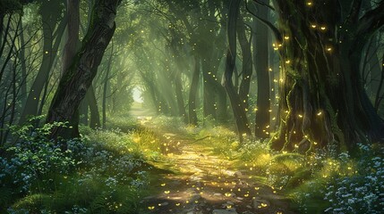 An illustration of a trail of breadcrumbs leading through a mystical forest