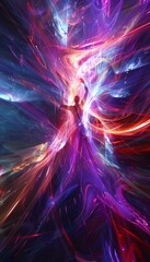 Obraz premium Illustrate an abstract digital realm where dancers merge with holographic projections, choreographing light trails and kinetic energy from an unusual worms-eye perspective