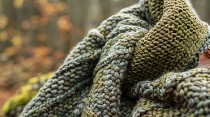 A knitted scarf with a raised moss stitch pattern resembling the texture and warmth of mosscovered rocks in the forest..