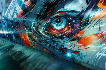 Visualize a mesmerizing scene that combines futuristic gadgets with gritty street art, using unexpected camera angles to create a composition that feels both edgy and visionary Let the contrast betwee