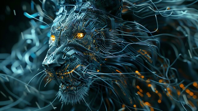 Compose a scene where a digital lion, blending wires and metal, roars fiercely at the lens, revealing intricate circuit patterns beneath its vivid, glowing eyes Depth of field emphasizing its cybernet