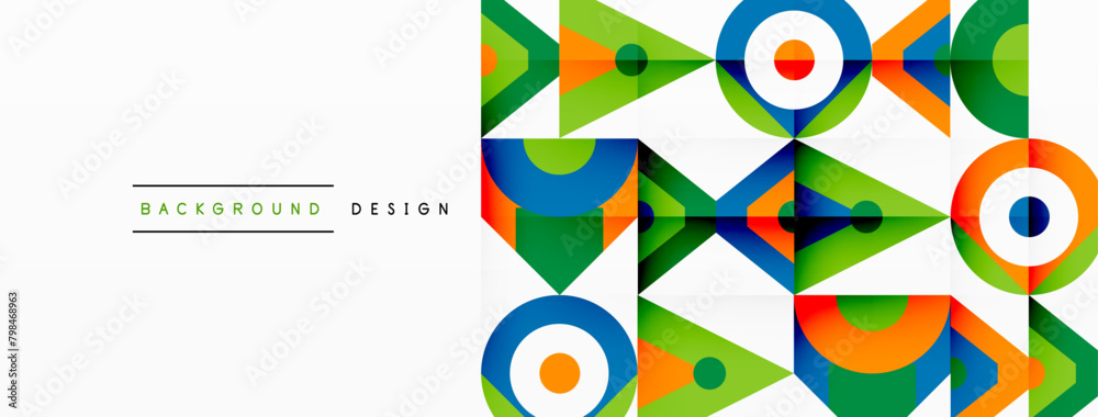 Poster The colorful geometric pattern consists of rectangles, triangles, circles, and arrows in tints and shades on a white background. It showcases symmetry and art in a visually appealing graphic design
