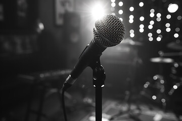 mic in music studio with blur background. black and white photo