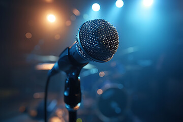 microphone on a music concert stage with a blurred background