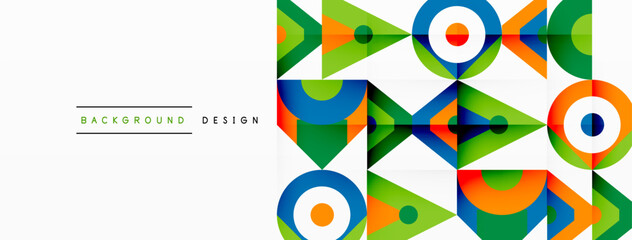 Fototapeta premium The colorful geometric pattern consists of rectangles, triangles, circles, and arrows in tints and shades on a white background. It showcases symmetry and art in a visually appealing graphic design