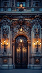 Fototapeta premium Capture the essence of Art Nouveau cascading along the textured facade of a grand opera house, use dramatic lighting to highlight intricate ironwork and sculptural reliefs, presenting it from an upwar