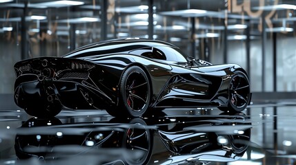 Delve into the depths of the mind with a sleek, black luxury sports car reflecting fragmented images of the subconscious on its polished surface, captured from an extreme low angle to convey power and