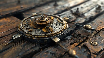 Fototapeta na wymiar A detailed view of a mechanical clock mechanism embedded in a rotting wooden table, blending dystopian visions with the precision of culinary arts through CG 3D rendering Experiment with unexpected ca